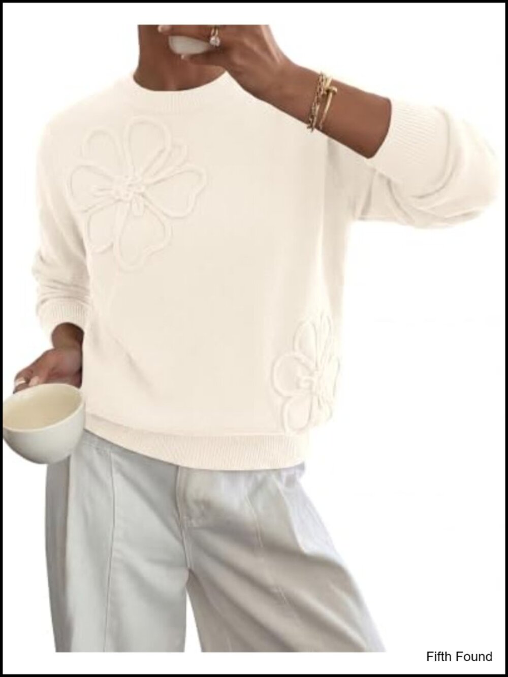 Women's Long Sleeve Sweater 3D Flower Embroidery Crew Neck Pullover Knit